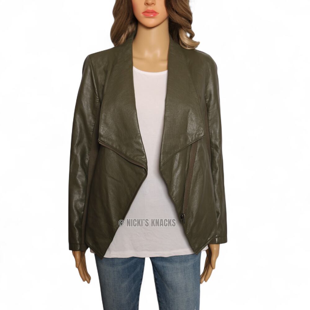 BB Dakota Olive Faux Leather Moto Jacket Asymmetrical Zip Drape Front Size S - Picture 3 of 9